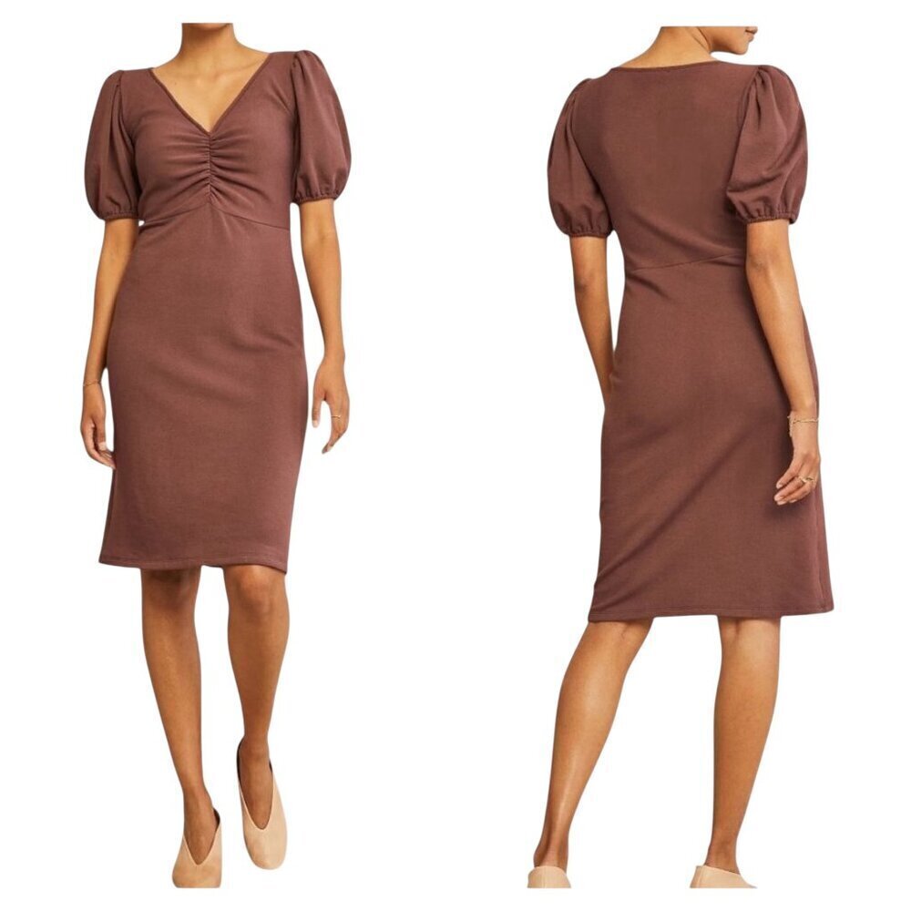 Amour Vert Tinsley Dress XS Brown Puff Sleeve Sustainable Midi NWT